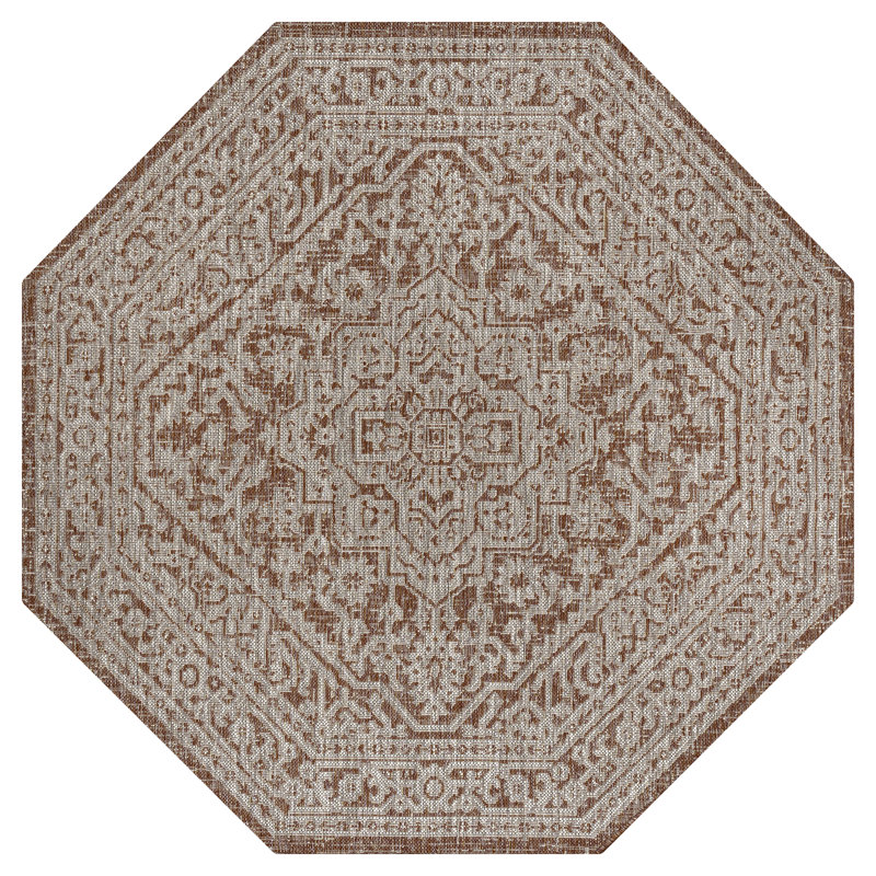 Moten Medallion Textured Weave Red/Taupe Indoor/Outdoor Rug, Octagon 7'9"