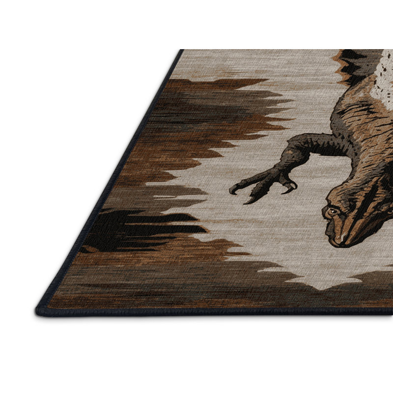 Machine Washable Dinosaurs Brown Area Rug, Round 6'