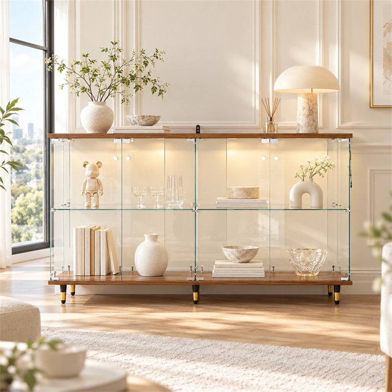 Vitrine vitrée de 160 cm de large avec plateau en noyer, 4 portes et éclairage DEL contrôlé par application