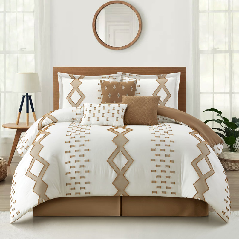 Pantissa Geometric 7 Piece Comforter Set, California King Comforter + 6 Additional Pieces, White/Taupe