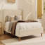 Lit plateforme tapissier moderne en velours beige avec tête de lit à oreilles et pieds en bois de noyer-636167633-636167647