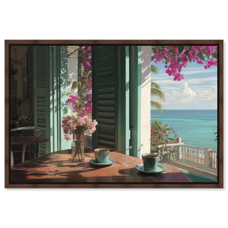 «Morning Coffee Ocean View», reproduction d'art sur toile encadrée par Art Remedy, cadre en noyer, 36 x 24, 25"H x 37"W