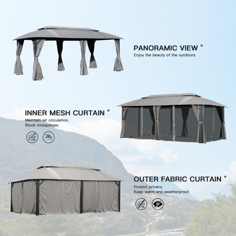 Gazebo 10X20ft, Outdoor Gazebo With Double Roofs, Privacy Curtains, Mosquito Nettings, Heavy Duty Metal Frame Party Tent Canopy For Patio, Backyard, Deck Lawn