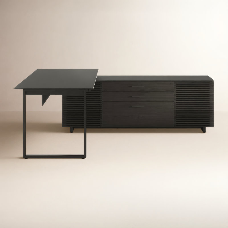 Corridor L-Shaped Glass Top Writing Desk, Charcoal Stained Ash