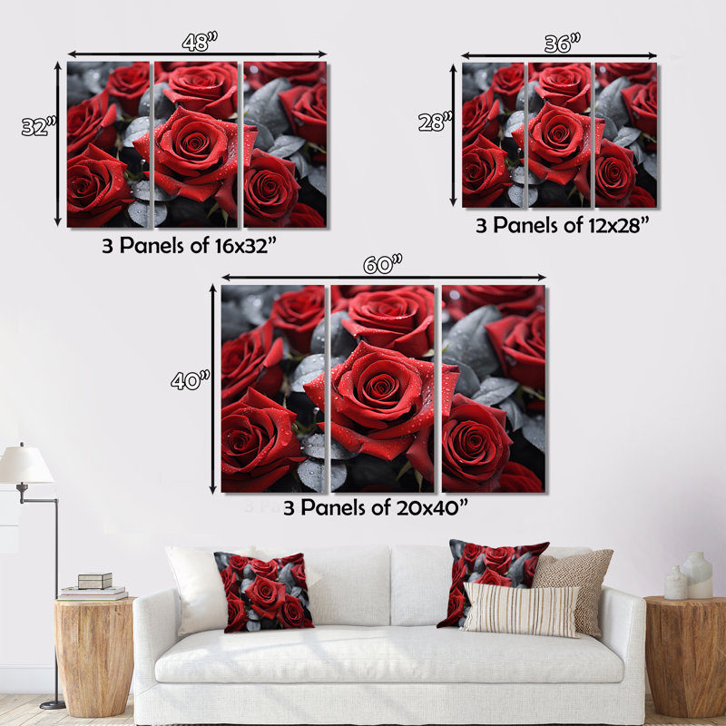 «Red Gray Rose Eernal Beauty» sur toile, reproduction de 3 pièces, H 28 po x l 36 po x P 1 po