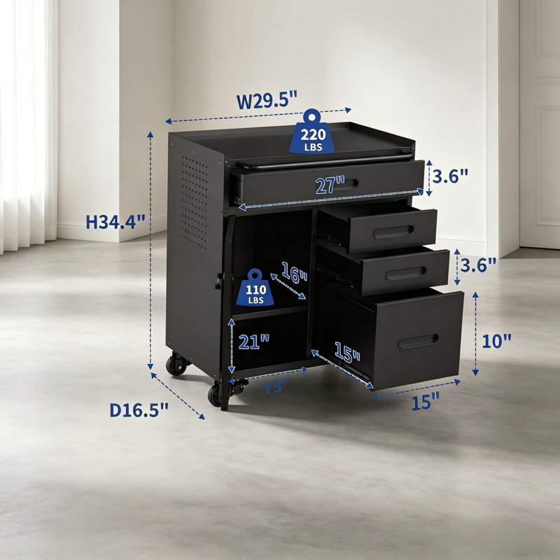 34.3 Inch Rolling Steel Tool Storage Cabinet, Garage Organizer With Lockable Cabinet Compartment And 4 Drawers, Mobile Tool Chest For Workshop & Home Garage