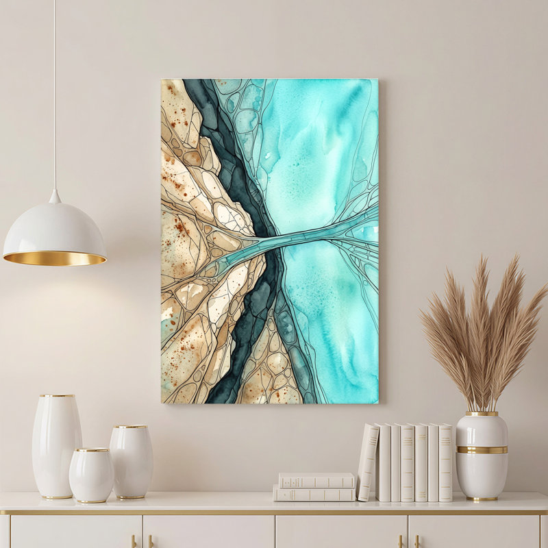 Aquarelle sur toile bleu sarcelle et beige, 40"H x 28"W