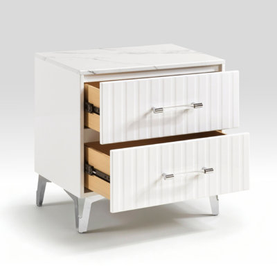 Cyna Nightstand, Faux Marble Top, 2 Drawers, Textured Front, Glossy White