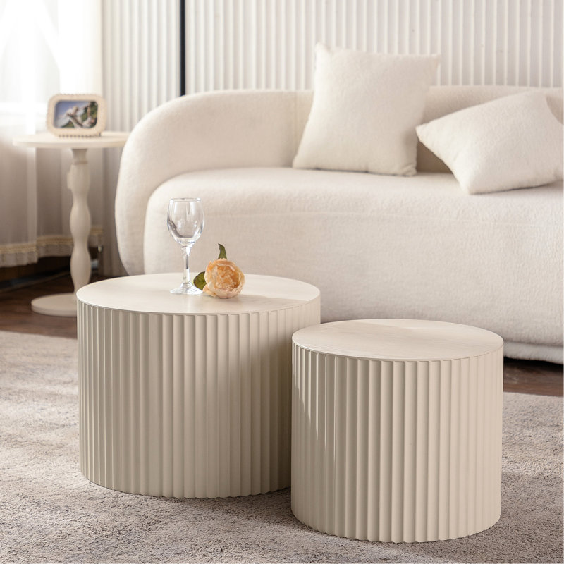 Tables gigognes beiges et blanches - Table de bout de salon Wave Stripe