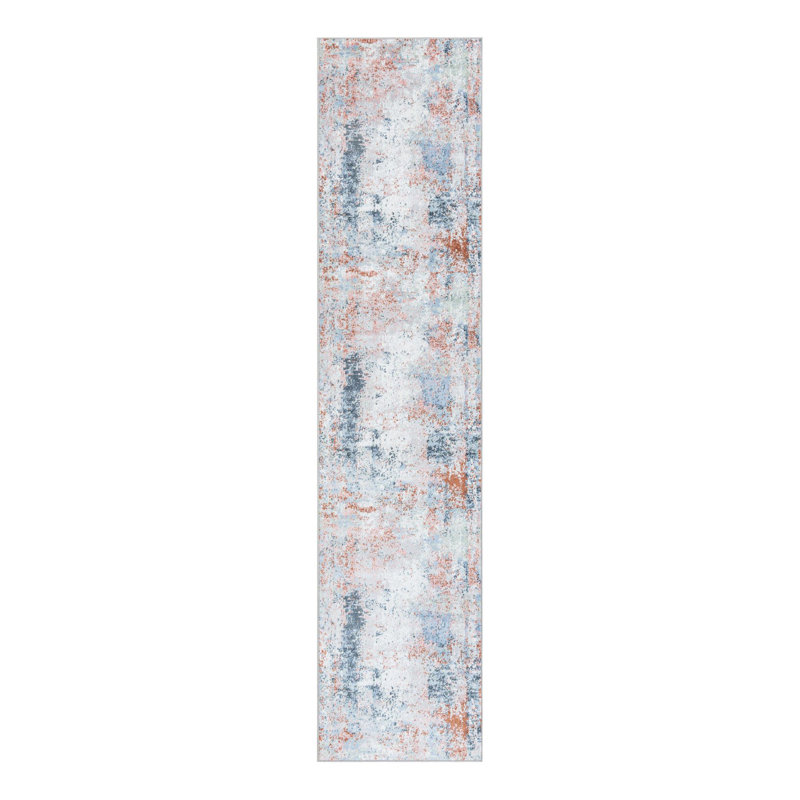 Tapis en polyester tissé à la machine abstrait bleu / blanc / rouge Hankinson, Tapis de couloir 2 pi 7 po x 12 pi