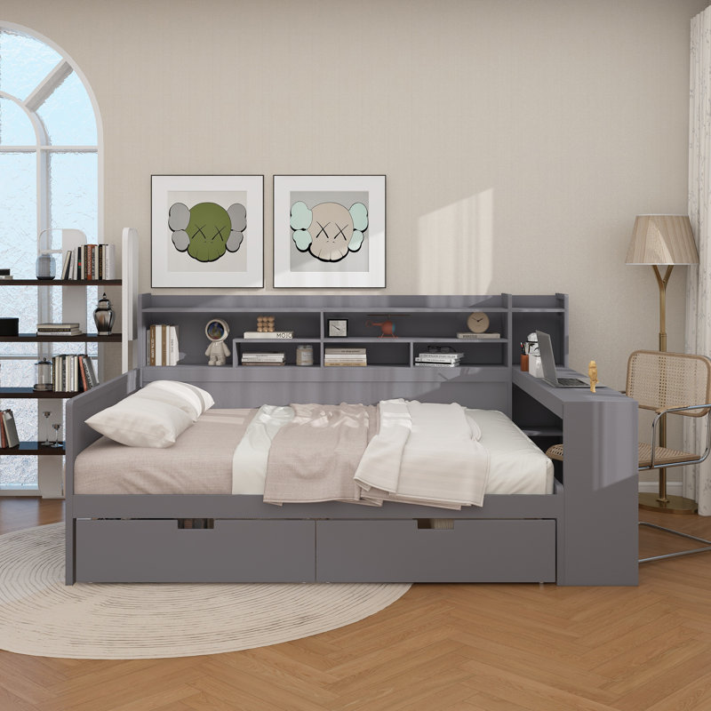 Wooden Full Size Daybed With Storage Shelves, Multi-Functional Bed With Two Storage Drawers And Study Desk, Antique White