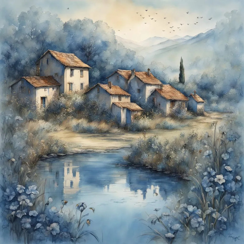 Art mural sur toile Riverside Village Morning, H 20 po x l 20 po