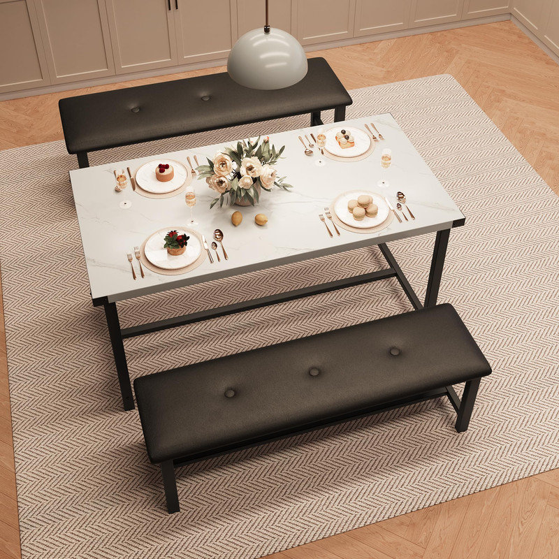 Ensemble de table de salle à manger moderne pour 4 personnes avec 2 bancs rembourrés, table de cuisine rectangulaire pour petits espaces, ensemble repas convivial