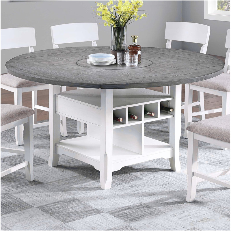 Table de salle à manger à hauteur de comptoir blanche / grise 1pc avec tablette de rangement intégrée Lazy Suzan