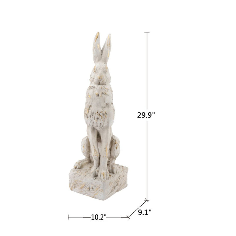 Grande figurine de lapin assis en magnésium, fini blanc antique et socle.