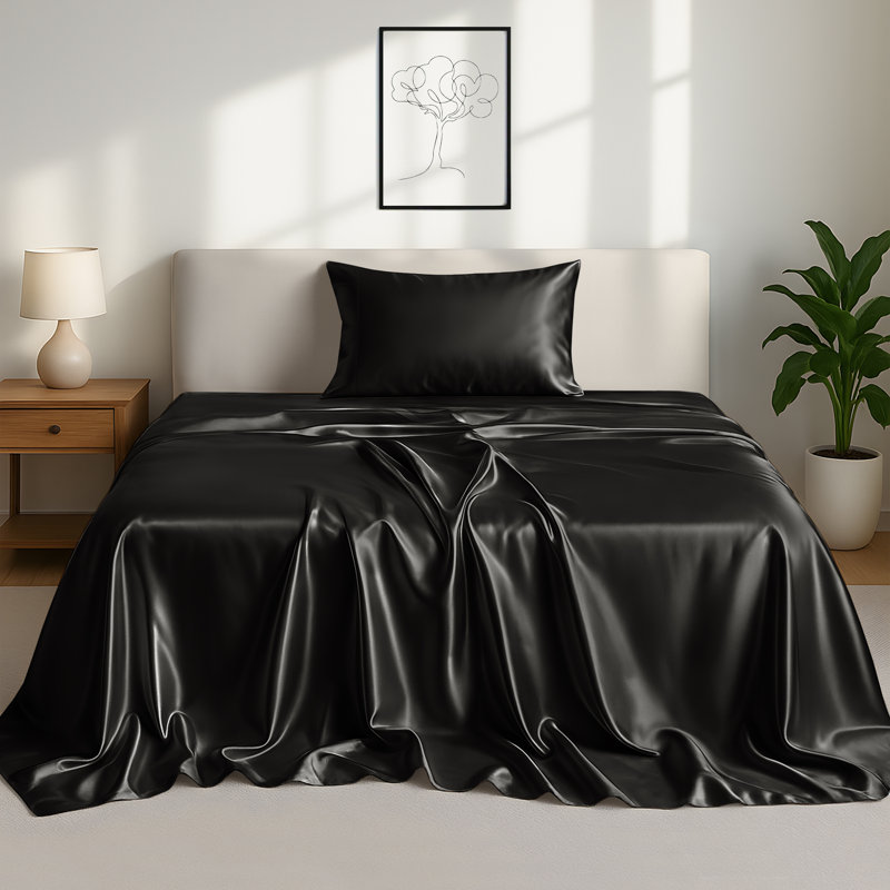 Drap-housse luxueux 4 pièces Lux Satin, Ensemble de draps pour lit simple avec 1 taie d'or, Noir