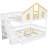 Full Size Wooden House Roof Bunk Bed with Window Door and Roof,Storage Staircase and Trundle,White+Natural-615802005