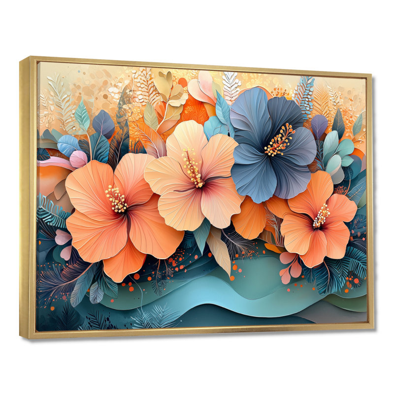 Hibisuc tropical dans une symphonie côtière II - Hibiscus, art mural, H 16 po x l 32 po, Avec cadre, Doré