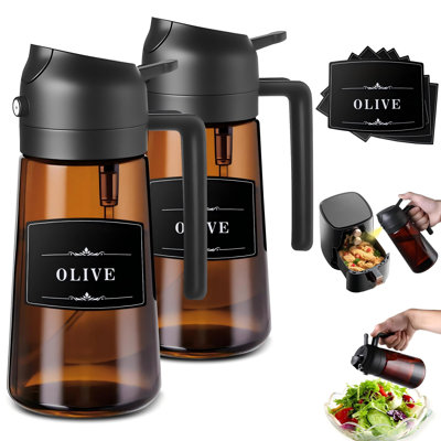 Oliver Oil Sprayer Dispenser for Cooking Bottle 16oz Dark Glass 2pcs Black | 2-in-1 Lightproof Borosilicate Glass Oil Bottle, Wide Mouth for Easy Refill Clean