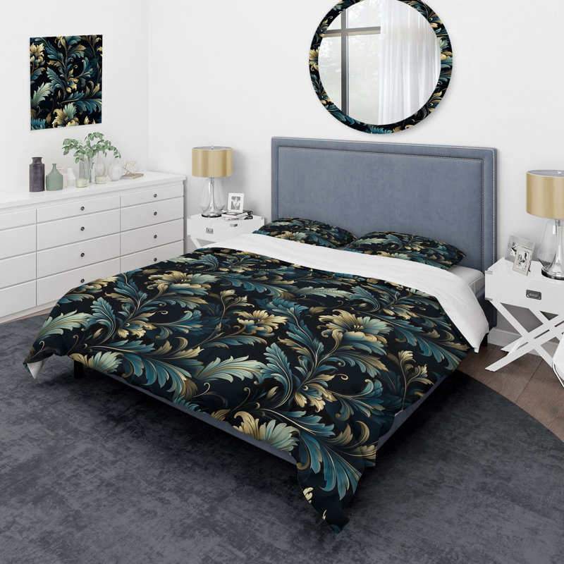 Ensemble de housse de couette damassé Serenade III doré et bleu, Housse de couette pour grand lit et 2 taies décor