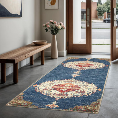 GLN Rugs Collection Vintage - tapis lavable à la machine, tapis lavable rétro, tapis antidérapant, tapis de salon à poils courts, tapis de chambre à coucher, tapis de salle de bain - facile à nettoyer (tapis bleu et multicolore)