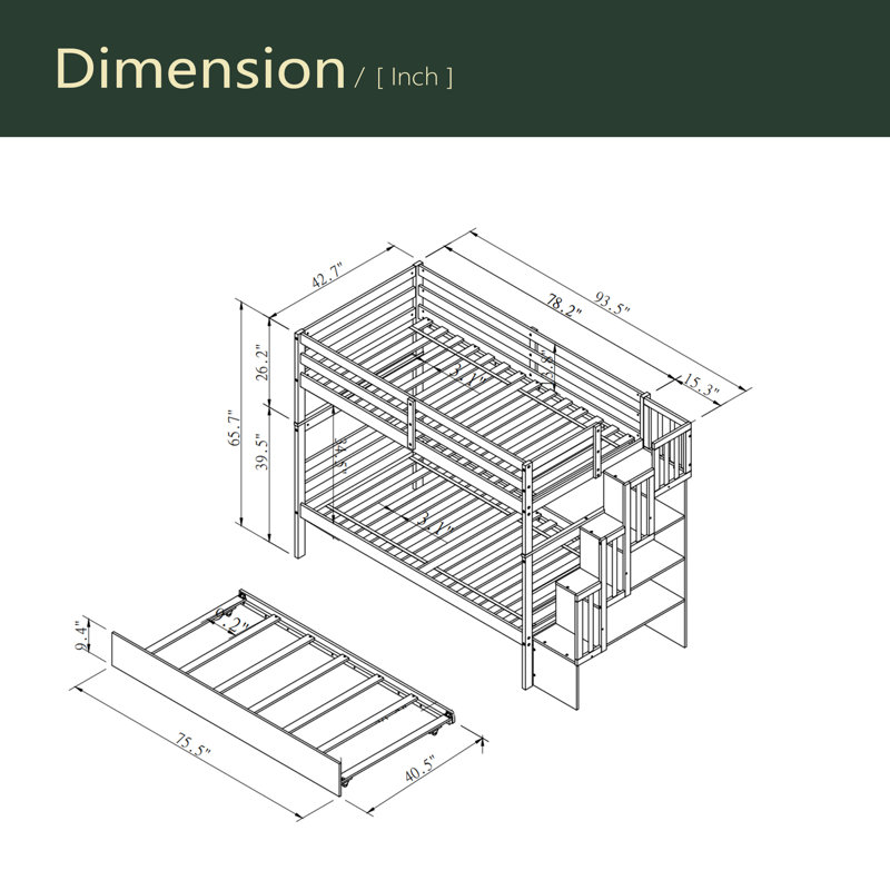 Lits simples superposés avec lit gigogne simple et fonction de rangement pour escalier, Gris