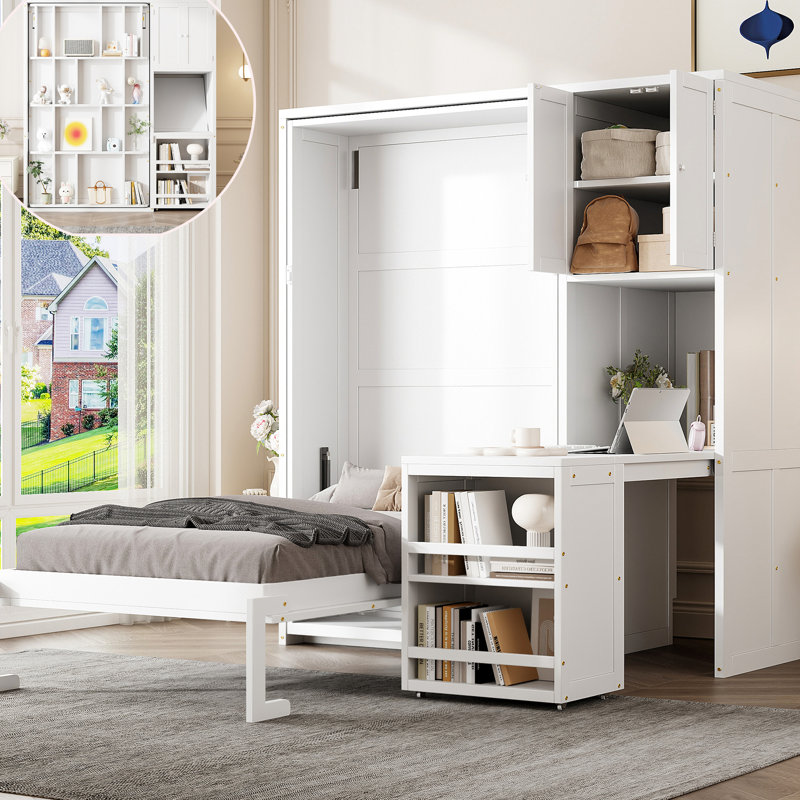 Lit rotatif blanc simple avec bibliothèque, armoire supérieure pour le rangement de la literie, bureau coulissant et zones polyvalentes latérales adaptées