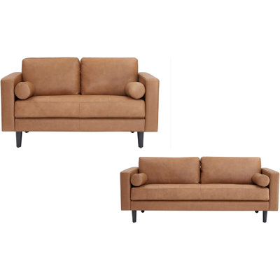 Nataniel Genuine Leather 2-Piece Living Room Set, Sofa & Loveseat, Modern Seating for Home or Office