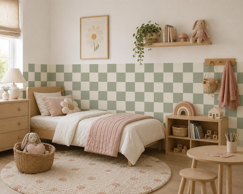 Adhésif décoratif demi-damier 72 po de large sauge et crème, 48 po de haut, L 72 po x H 48 po, Sauge et crème