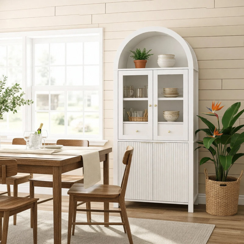 Grand garde-manger arqué cannelé de 71 po avec tablettes réglables, rangement élégant avec tiroir caché et porte vitrée pour la cuisine, le salon, la salle à manger, blanc