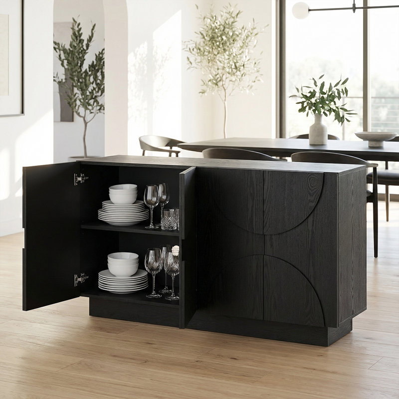Hargett 4-Door Sideboard with Textured Semi-Circle Fronts & Adjustable Shelves, Black