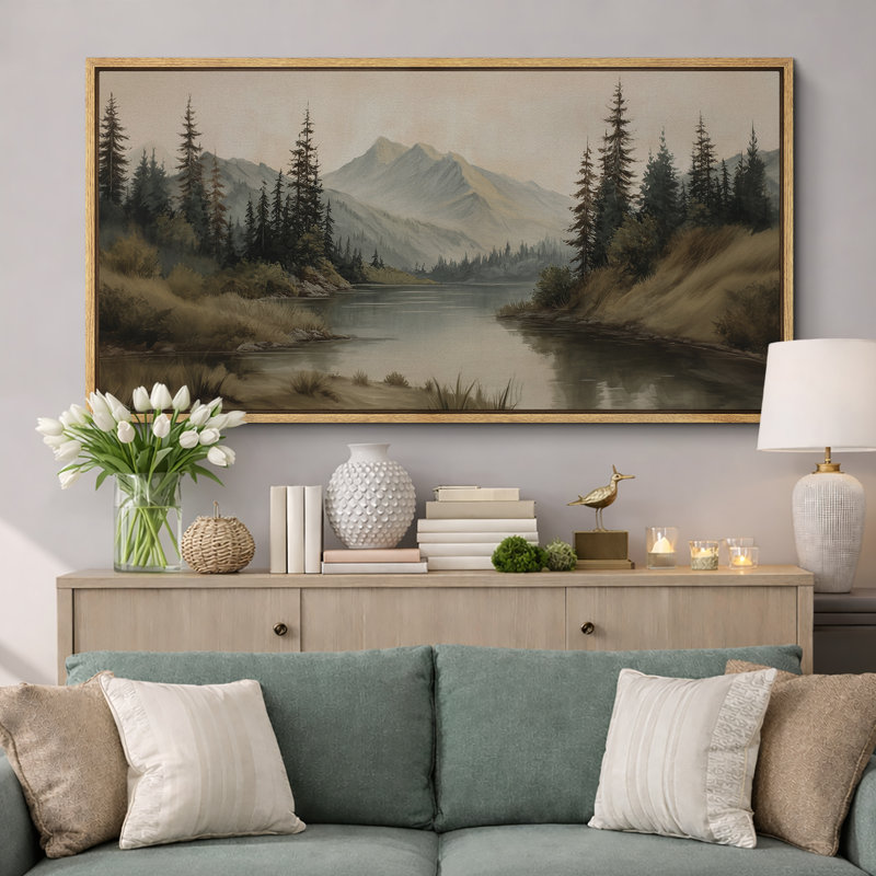Misty Mountain Lake with Pine Forest - Pictures Extra Large Framed Canvas Print Wall Art, 30" H x 60" W x 1.5" D