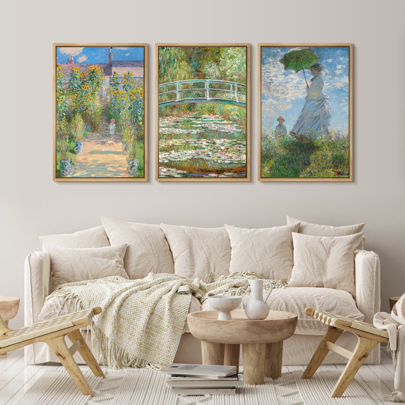 Claude Monet, art mural sur toile encadré jardin et paysage - ensemble impressionniste de 3 pour décoration intérieure classique