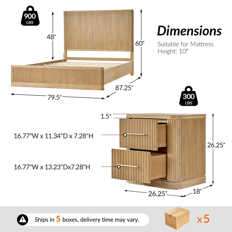 Graciana 3-Piece Fluted Solid Wood Bedroom Set, Natural, King