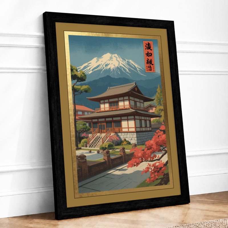 Temple Under Fuji Japandi - Framed Print, A2 - 59.4 x 42.0 cm, Black