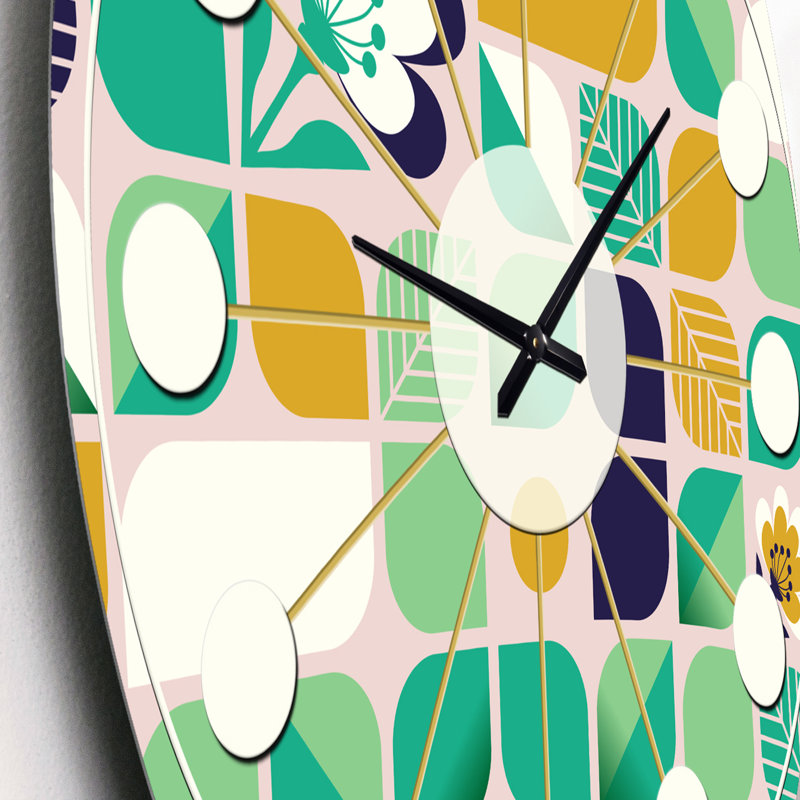 motif géométrique avec feuilles et fleurs - horloge murale moderne Mid-Century, Petit