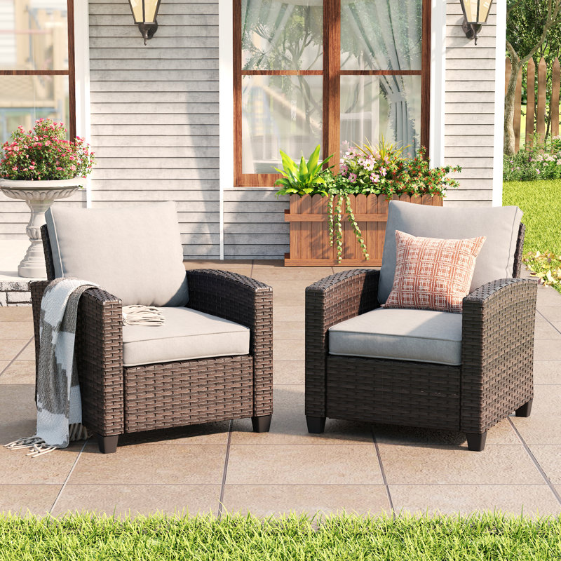 Chaises de patio en osier avec coussins, Structure brune / coussin sable