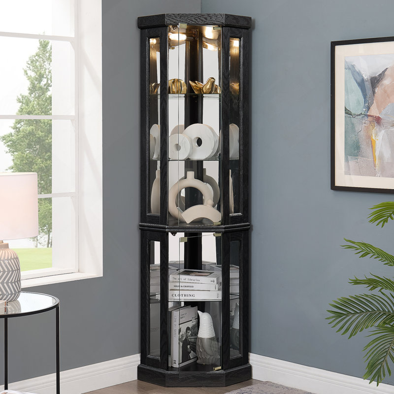 Lighted Corner Curio Cabinet - Display Case For Living Room, Antique Collectibles, Wine & Bar Glass Storage - Elegant Corner Design With Lights Included-BLACK