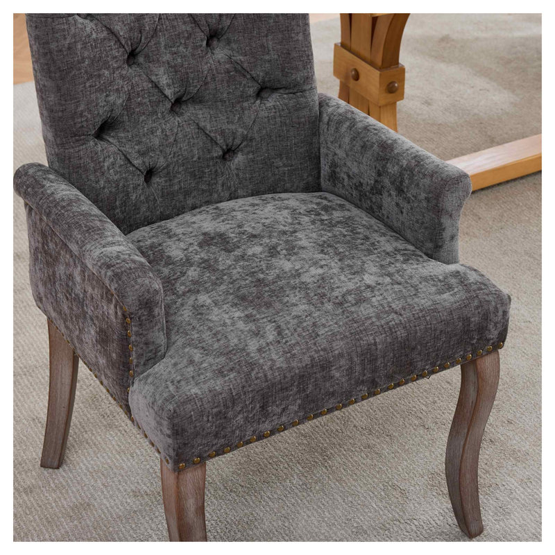 Chaise de salle à manger rembourrée en tissu chenille, structure en bois massif courbé gris, siège simple de style champêtre français