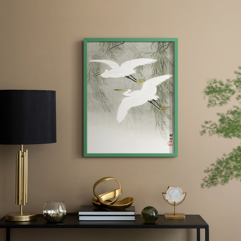 «Koson's Flying Herons I», reproduction encadrée - bois massif, H 30 po x l 24 po, Vert