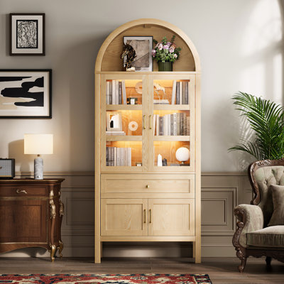 71'' Tall Full Wood Arched Storage Cabinet Adjustable Shelves Bookcase With LED Lights