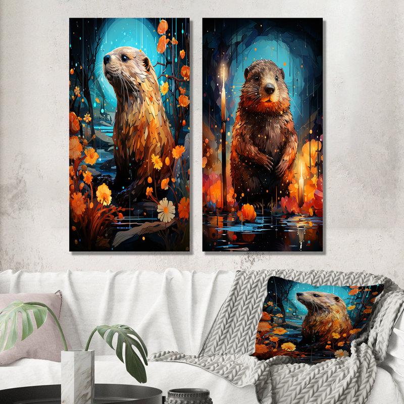 Ensemble de 2 reproductions d'art en métal orange «Beaver Builder» - Castor orange, H 28 po x l 24 po