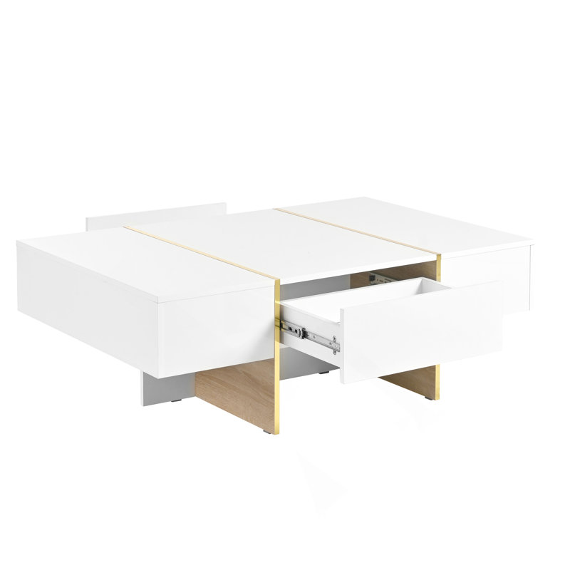 Table basse 47,2 "x 31,4" minimaliste ultrabrillante avec 2 tiroirs, table de canapé rectangulaire multi-rangement avec pieds en grain de bois doré, table de centre moderne pour le salon, blanc
