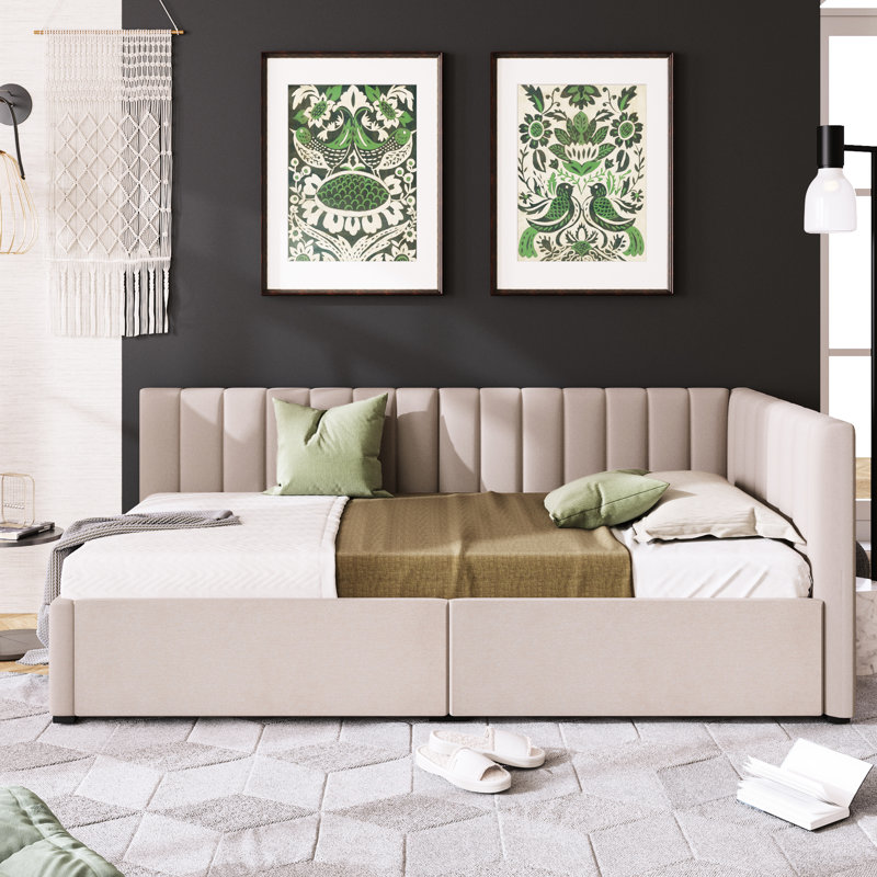 Lit de jour en tissu de lin beige avec lit simple et 2 boîtes de rangement - aucun sommier requis, Beige