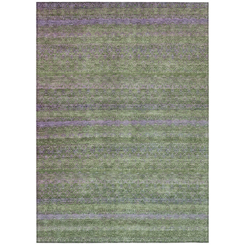 Tapis extérieur lavable rayé vert olive et mauve 9 pi x 12 pi