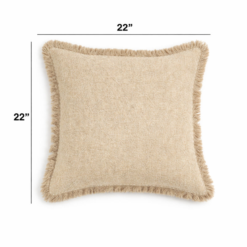 Coussin décoratif en lin avec bords et franges travaillés à la main | 22 po x 22 po, Naturel