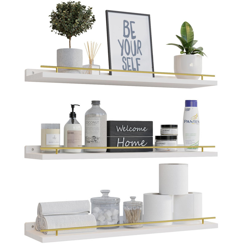 White Pine Wood Floating Shelves with Gold Metal Guardrail, Set of 3