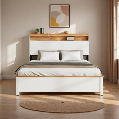Bedstead With Charging Station All Wood Bed Frame: This Rustic Farmhouse Bed Frame With Storage Headboard And Built-In Charging Station Is Easy To Install And Operate