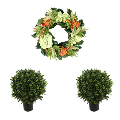 Lohman Traditional Hydrangea Fall with UV Rated Outdoor Boxwood Drop-Ins