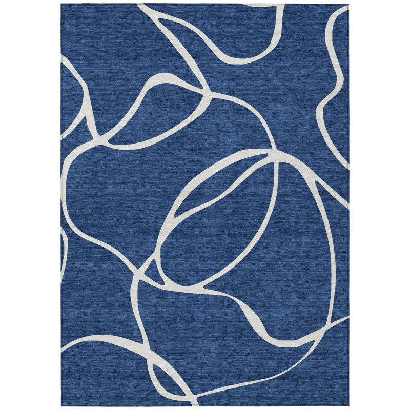 Navy and White Synthetic Flat Woven Washable Rug